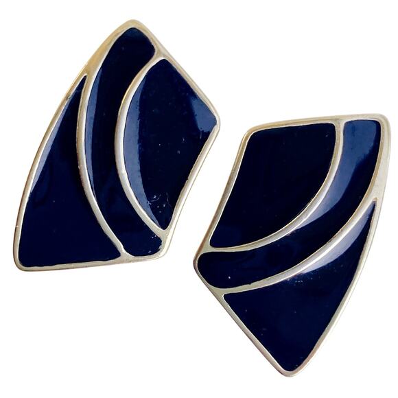 VTG Signed Trifari Clip On Earrings Black Enamel Gold Tone 1980s Geometric Style - Picture 1 of 10